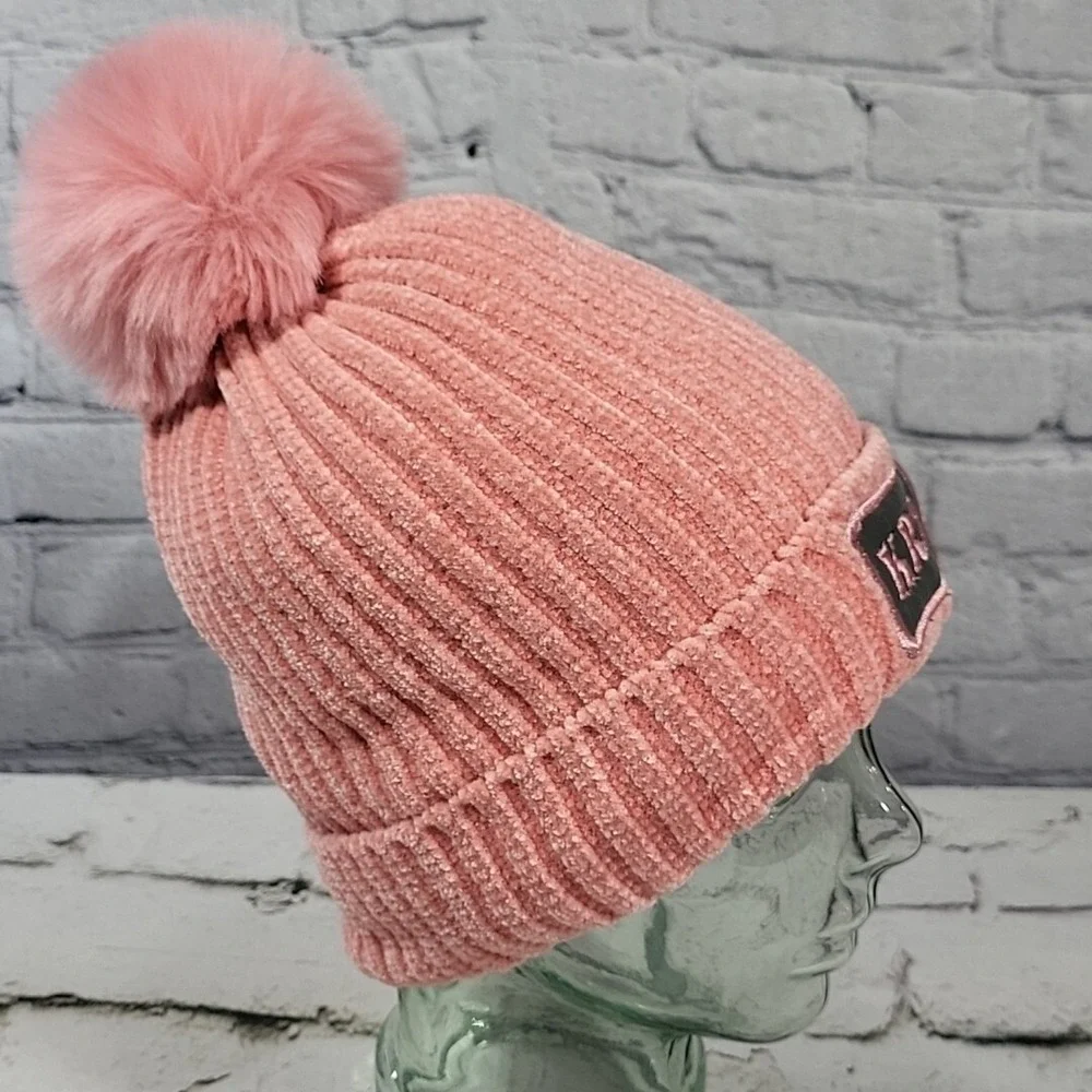 KMZ Beanie Hat Womens Blush Pink Chenille Knit Faux Fur Lined PomPom Ski Cap